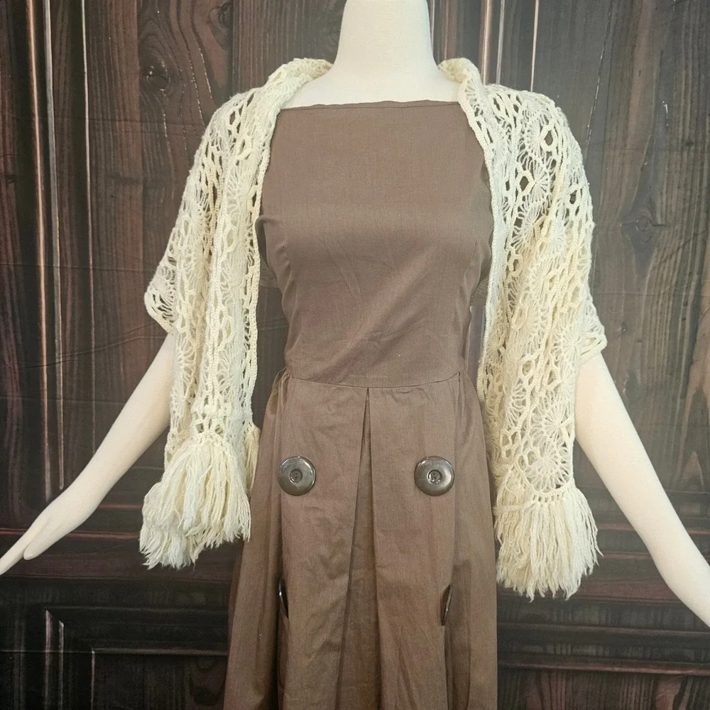 Vintage 1970s Crochet Fringe Shawl Wrap Cream Ivory Boho Handmade Lace Scarf